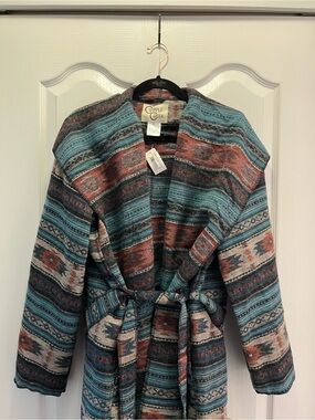 Cripple Creek Women's Teal & Rust Patterned Open Cardigan with Belt
